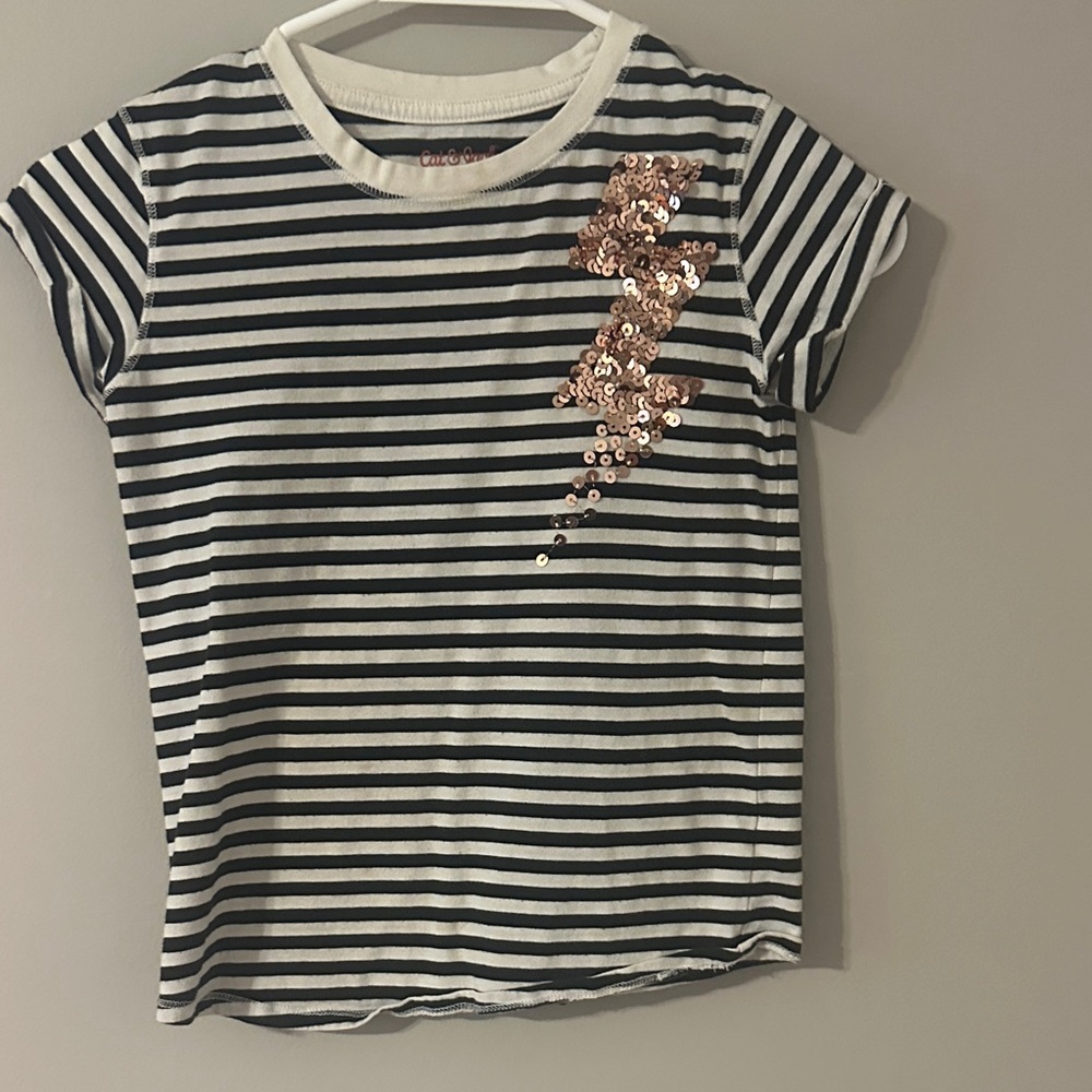 Cat & Jack Black Striped Tee with Gold Sequin Lightning